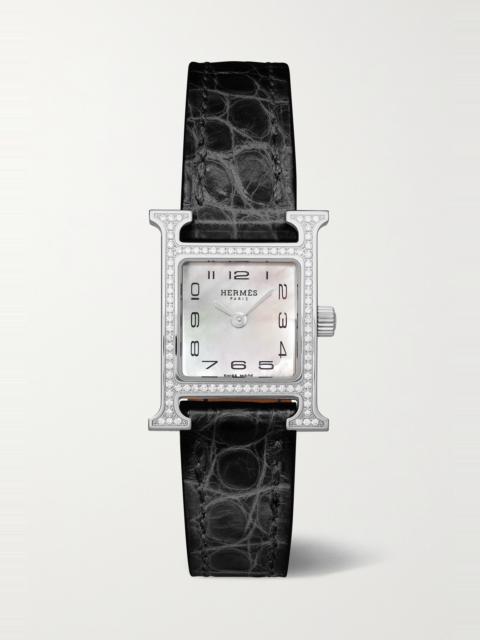 Hermès Heure H 21mm mini stainless steel, alligator, mother-of-pearl and diamond watch