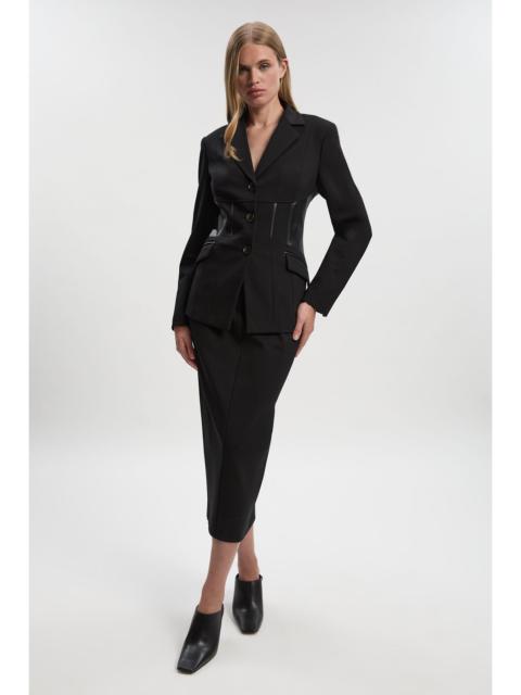 KAREN MILLEN Ponte And Pu Mix Waist Seam Detail Tailored Single Breasted Blazer