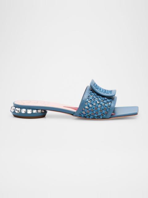 Roger Vivier Raffia Crystal Buckle Mule Sandals