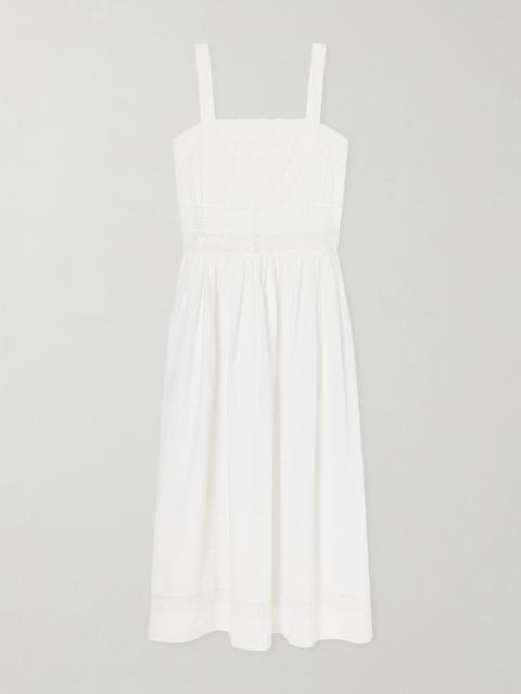 LORETTA CAPONI Antigua Lace-trimmed Embroidered Cotton Midi Dress