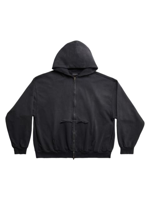 BALENCIAGA Unisex Tape Type Ripped Pocket Zip-Up Hoodie - Black Faded