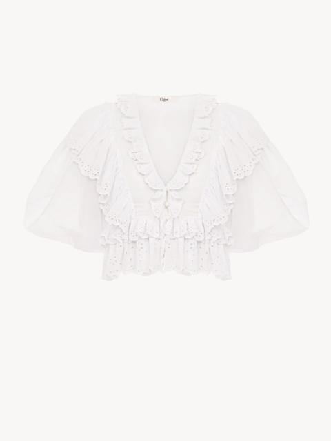 Chloé CROPPED V-NECK RUFFLE TOP IN COTTON VOILE