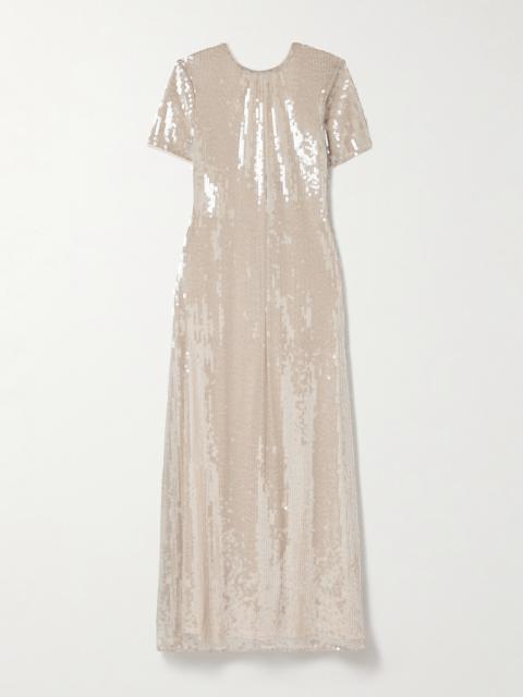 STAUD Safi Gathered Sequined Tulle Maxi Dress