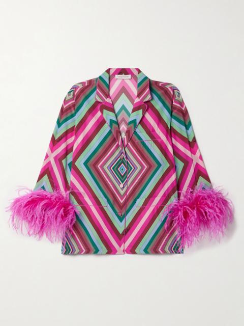 Valentino Feather-trimmed printed silk crepe de chine shirt Pink