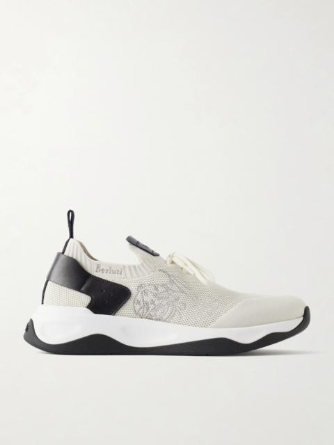 Berluti Shadow Logo-Embroidered Leather-Trimmed Stretch-Knit Sneakers