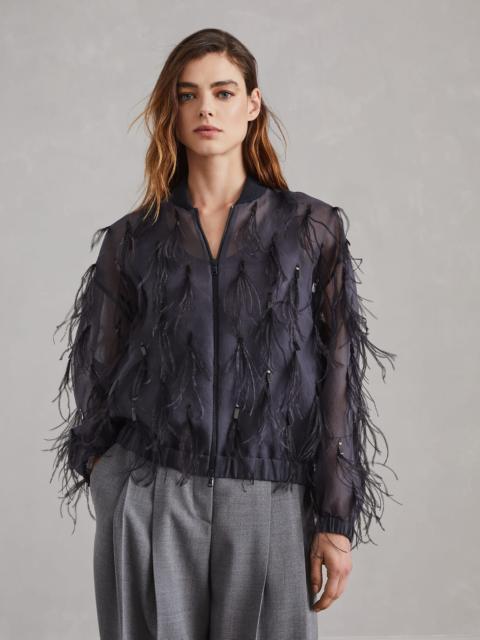 Crispy silk bomber jacket with dazzling feather embroidery