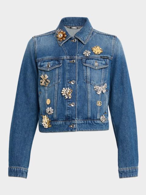 Dolce & Gabbana Brooch Embellished Crop Denim Jacket