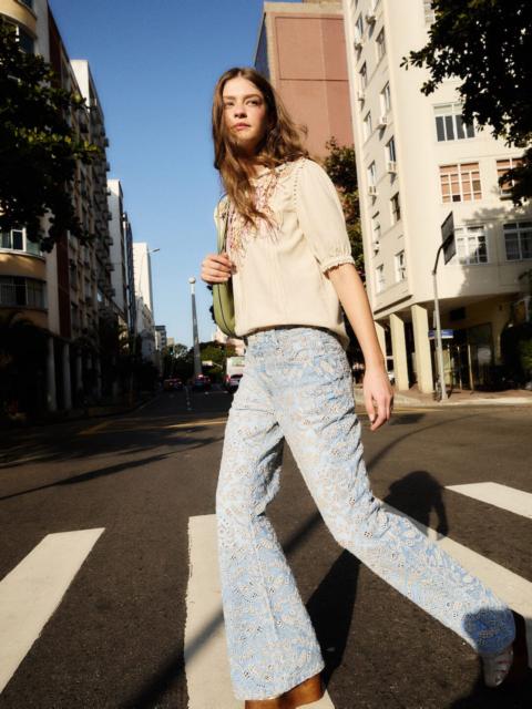 FARM RIO Denim Eyelet Pockets Flare Pants