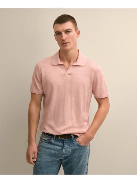 Brooks Brothers Linen-Cotton-Cashmere Short-Sleeve Mouliné Johnny Collar Sweater