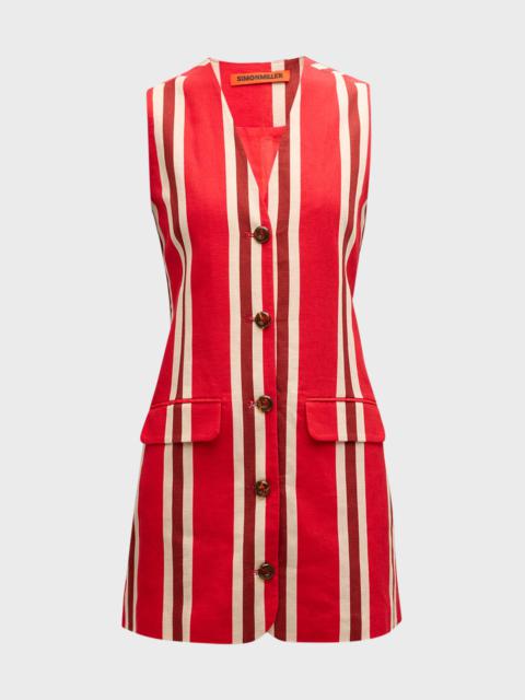 SIMONMILLER Carob Striped Linen Cotton Sleeveless Mini Dress