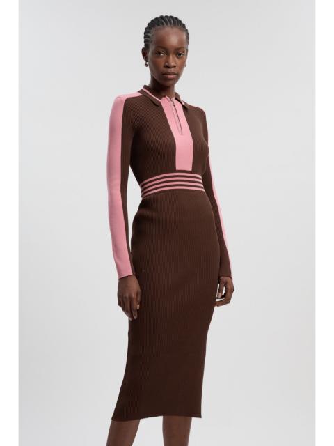 KAREN MILLEN Rib Knit Polo Zip Up Midi Dress