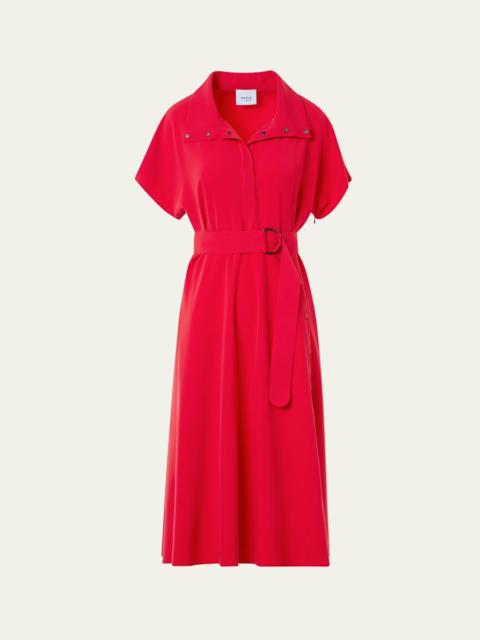 AKRIS Short-Sleeve Belted Snap-Slit Midi Shirtdress