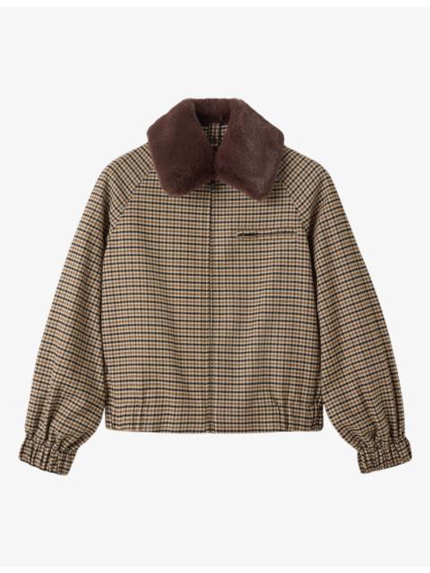WHISTLES Faux-Fur Collar Check Cotton Bomber Jacket