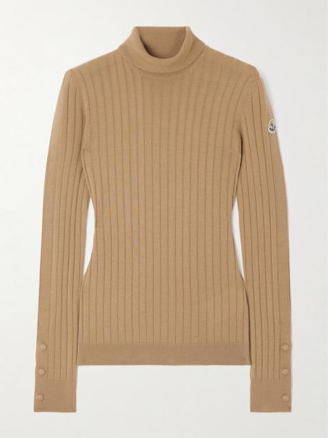 Moncler Button-detailed Appliquéd Ribbed Wool And Cashmere-blend Turtleneck Sweater