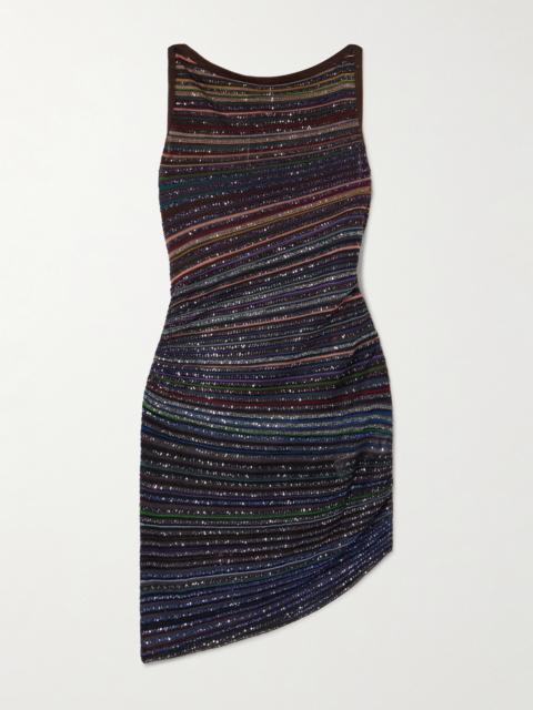 Missoni Asymmetric Sequin-embellished Striped Metallic Crochet-knit Mini Dress