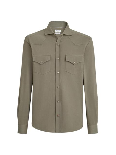 Brunello Cucinelli Men's Cotton Piqué Western Shirt - Military