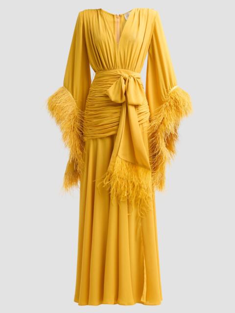 BRONX BANCO Women's Geisha Ruched Feather-Trimmed Maxi Dress - Mustard