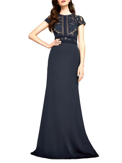 TADASHI SHOJI Women's Floral Embroidered Crepe Gown - Navy Beige