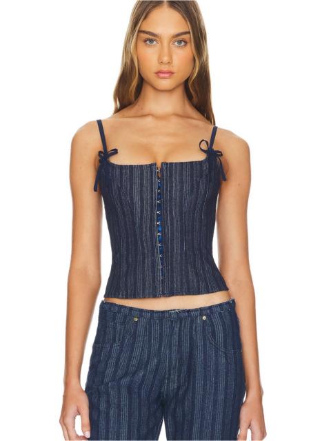 LIONESS Charismatic Denim Corset in Dark Pinstripe