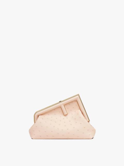 FENDI Small Fendi First bag made of exquisite pale pink ostrich leather with oversized metal F clasp bound