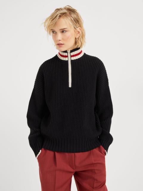 Brunello Cucinelli Cashmere Feather yarn English rib turtleneck sweater with shiny half zip