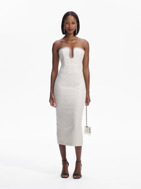 Cream Sequin Boucle Strapless Midi Dress