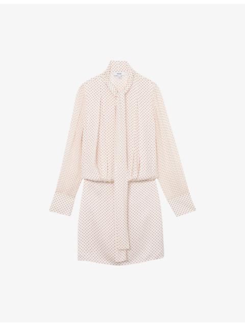 REISS Dottie Tie-Neck Polka-Dot Woven Mini Dress
