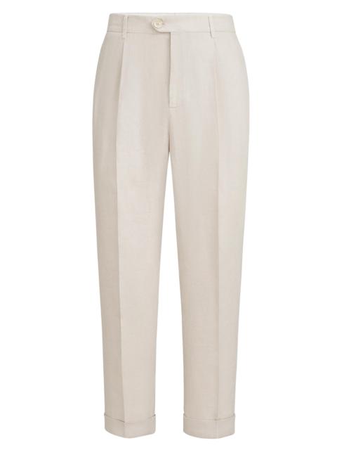Brunello Cucinelli Men's Garment Dyed Trousers in Linen Gabardine with Pleats - Yuta