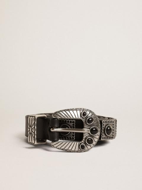 Shell belt in black leather with silver colored studs