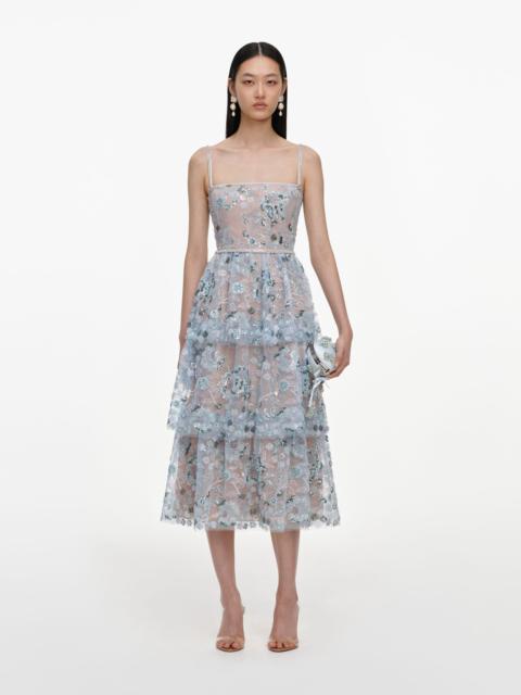 self-portrait Blue Sequin Embellished Tiered Midi Dress