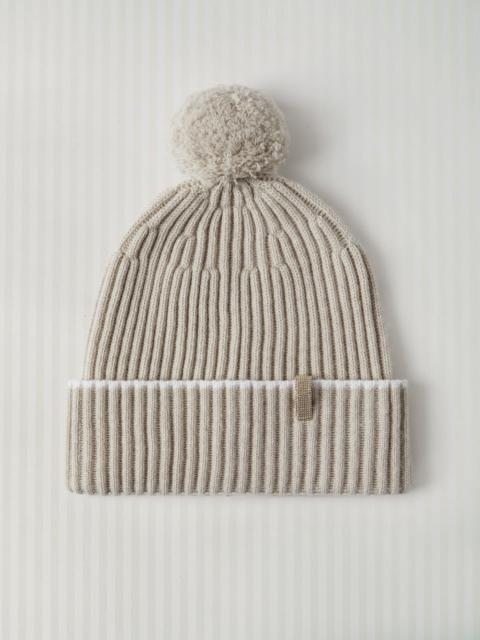 Cashmere rib knit beanie with pompom and monili