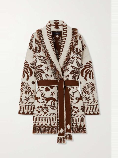 Alanui Explosion of Nature belted fringed wool and cotton-blend jacquard cardigan