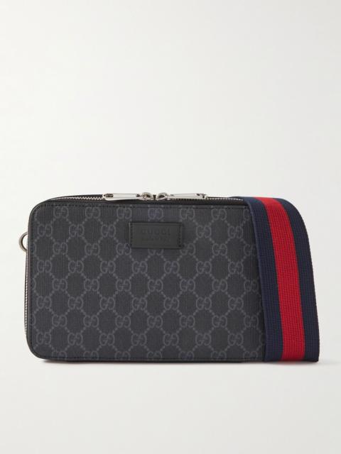 GUCCI Logo-Appliquéd Leather-Trimmed Monogrammed Coated-Canvas Messenger Bag Gray