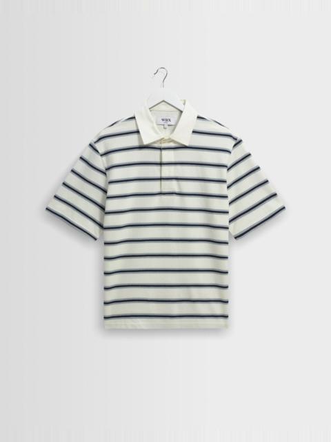 Wax London Redman - Ecru Textured Stripe Organic Cotton Polo Shirt