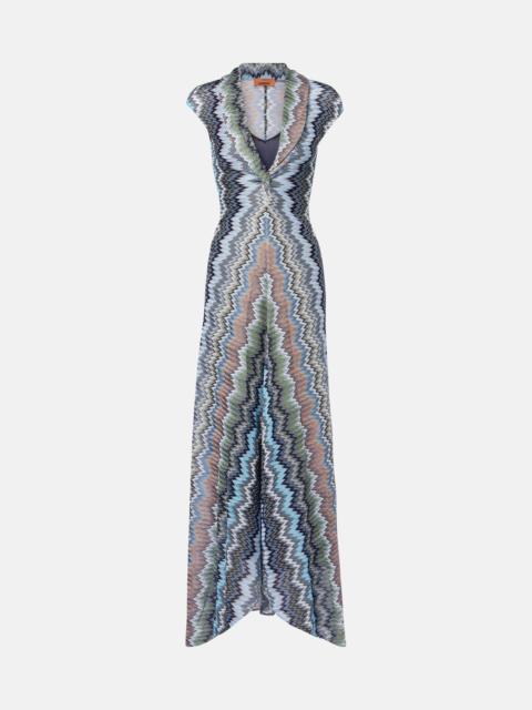 Gathered asymmetric lamé maxi dress