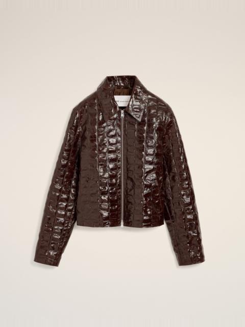 AMI Paris BURGUNDY CROCODILE EMBOSSED COWHIDE LEATHER ZIPPED JACKET