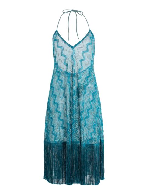 Exclusive Riviera Fringed Cotton-Blend Knit Midi Dress print