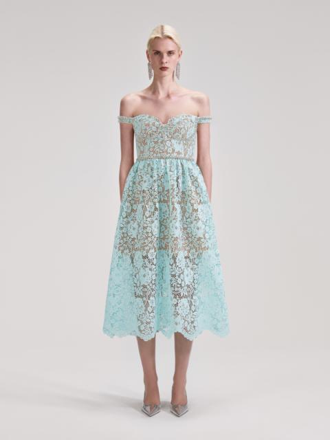 Blue Cord Lace Diamante Midi Dress