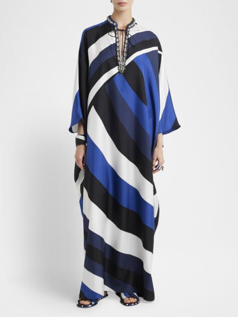 PUCCI Iride-Print Crystal Neck-Tie Silk Twill Maxi Kaftan Dress