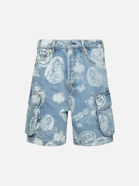EVISU GRAFFITI DARUMA AND KAMON DISCHARGED PRINT DENIM CARGO SHORTS