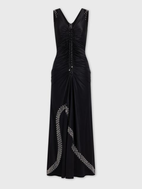 rabanne LONG BLACK DRESS WITH EMBROIDERED METALLIC EYELETS
