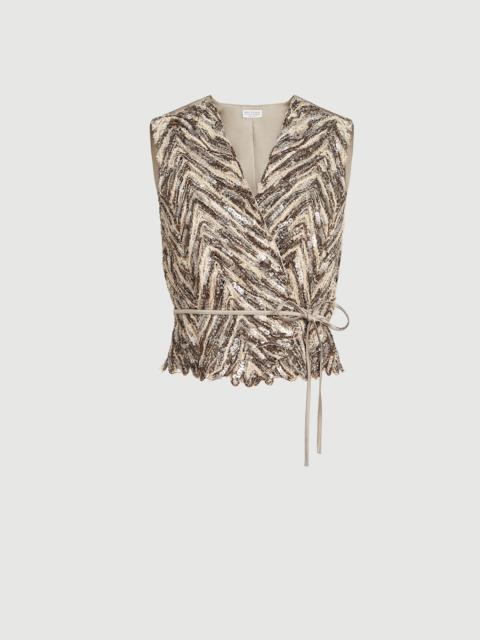 Brunello Cucinelli Dazzling chevron embroidery vest in paper yarn, linen and silk
