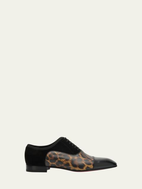Christian Louboutin Men's Greggo Mixed Leather Red Sole Tuxedo Lace-Ups