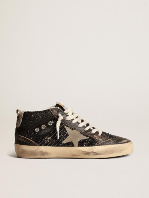 Golden Goose Mid Star in black glitter with dove-gray suede star and heel tab