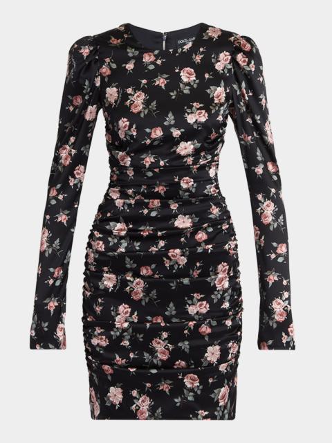 Dolce & Gabbana Small Rose Bouquets-Print Long Satin Dress