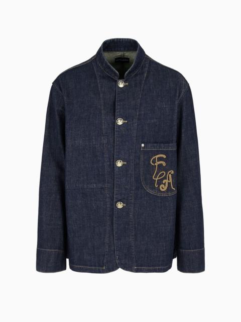 Dirty-treatment denim blazer with guru collar and EA embroidery