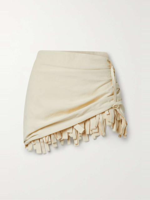 Fringed ruched canvas mini skirt