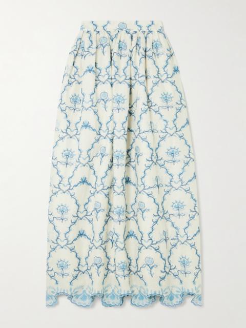 Agua by Agua Bendita Tangelo Gathered Embroidered Linen Maxi Skirt