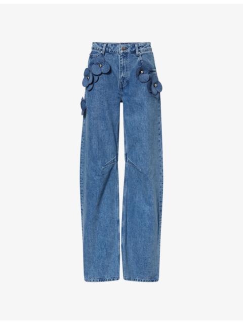 David Koma Floral-Motif Barrel-Leg Denim Jeans