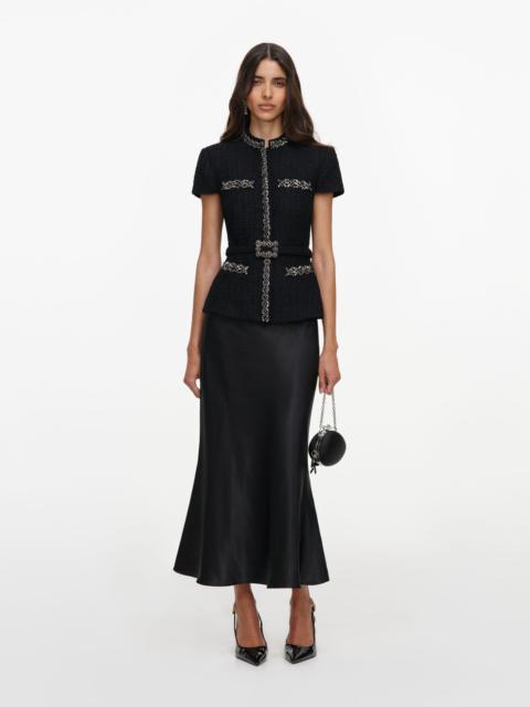 self-portrait Black Boucle Crystal Trim Satin Midi Dress